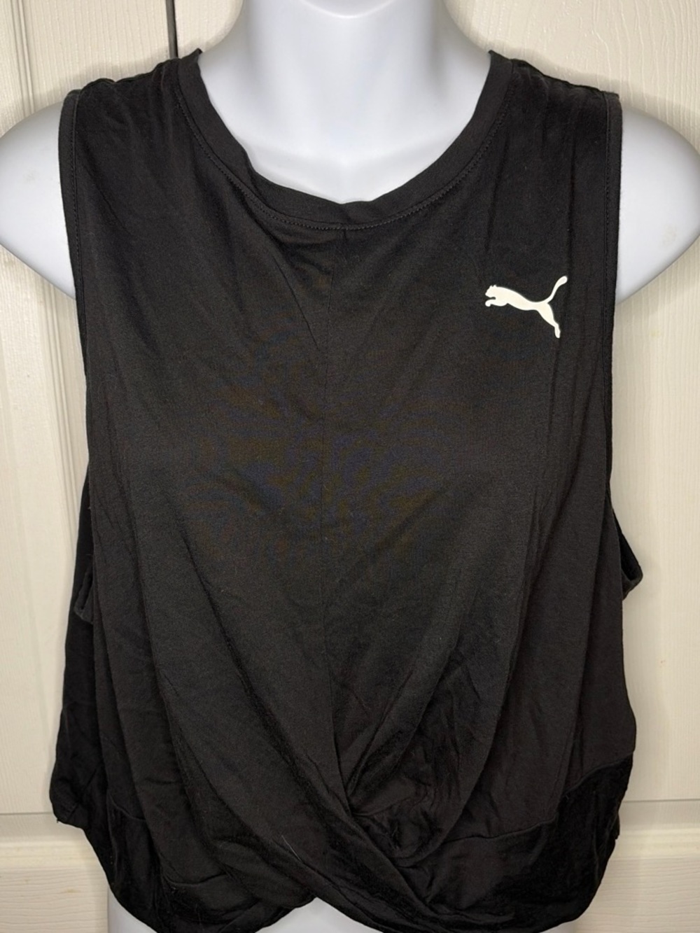 Puma Black Twist-Front Crop Tank with White Logo
